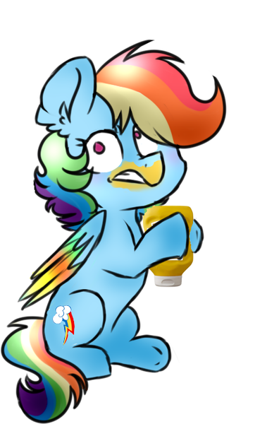 Size: 429x679 | Tagged: safe, artist:honneymoonmlp, derpibooru import, rainbow dash, pegasus, pony, food, mustard, rainbow mustard, sauce, that pony sure does love mustard