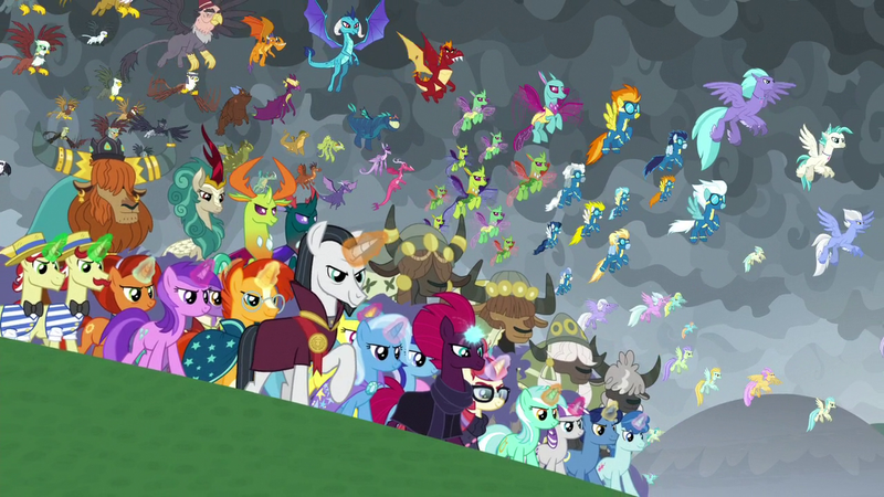 Size: 1280x720 | Tagged: safe, derpibooru import, screencap, amethyst star, autumn blaze, ballista, billy (dragon), blaze, carapace (character), chancellor neighsay, firelight, fizzlepop berrytwist, flam, fleetfoot, flim, fume, gabby, garble, gilda, grampa gruff, greta, lemon hearts, lightning streak, lyra heartstrings, minuette, misty fly, moondancer, night light, ocean flow, party favor, pharynx, prince rutherford, princess ember, prominence, rain shine, seaspray, silver lining, silver zoom, sky beak, soarin', spear (dragon), spiracle, spitfire, stellar flare, sunburst, surprise, tempest shadow, terramar, thorax, trixie, twilight velvet, wind waker (character), changedling, changeling, classical hippogriff, dragon, gryphon, hippogriff, kirin, pegasus, pony, unicorn, yak, the ending of the end, awesome, clothes, crowning moment of awesome, dragoness, equestria assemble, everycreature, everypony, female, final battle, flying, king thorax, male, mare, prince pharynx, stallion, uniform, wonderbolts uniform