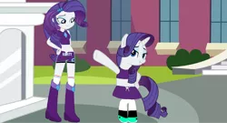 Size: 1280x693 | Tagged: safe, artist:jhayarr23, artist:supersamyoshi, derpibooru import, rarity, equestria girls, 1000 hours in ms paint, bipedal, boots, boxing boots, boxing bra, boxing shoes, boxing shorts, boxing skirt, boxing trunks, bra, clothes, cycling shorts, drawstring, exeron fighters, exeron outfit, leggings, martial arts kids outfits, self ponidox, shoes, shorts, skirt, sneakers, socks, sports bra, sports shorts