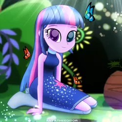 Size: 1920x1920 | Tagged: safe, artist:aryatheeditor, derpibooru import, sci-twi, twilight sparkle, butterfly, equestria girls, boots, bush, clothes, cutie mark, daily life, everfree forest, forest, grasshopper, heterochromia, looking at you, photo, powerful sparkle, shoes, sleeveless, solo, straight hair, wood
