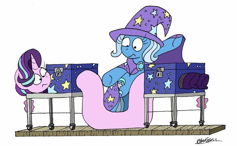 Size: 1024x632 | Tagged: safe, artist:bobthedalek, derpibooru import, starlight glimmer, trixie, pony, unicorn, assistant, bipedal, clothes, duo, female, inconvenient, inconvenient trixie, long glimmer, long pony, magic, magic show, magic trick, mare, meme, mistakes were made, origin story, shoes, simple background, wat, white background, you had one job