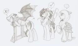 Size: 1589x951 | Tagged: safe, artist:ravenpuff, deleted from derpibooru, derpibooru import, oc, oc:puffy, oc:sanguine morning, unofficial characters only, bat pony, pony, ..., bat pony oc, bat wings, chest fluff, fangs, female, femdom, grayscale, male, malesub, mare, monochrome, pictogram, prehensile tongue, raised hoof, slit eyes, spanking, stallion, stocks, submissive, tentacle tongue, tentacles, traditional art, unshorn fetlocks, wings