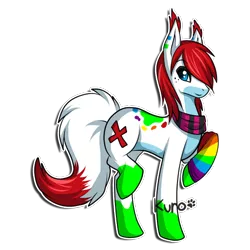 Size: 500x500 | Tagged: safe, artist:gazecreative, derpibooru import, oc, unofficial characters only, earth pony, pony, clothes, earth pony oc, paw prints, rainbow socks, scarf, simple background, socks, socks (coat marking), solo, striped socks, transparent background