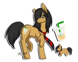 Size: 500x400 | Tagged: safe, artist:gazecreative, derpibooru import, oc, oc:mocha ice, unofficial characters only, earth pony, pony, chibi, coffee, drink, duo, earth pony oc, female, hair over one eye, mare, necktie, paw prints, reference sheet, simple background, smiling, transparent background