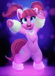 Size: 1461x2000 | Tagged: safe, artist:discorded, artist:pabbley, color edit, derpibooru import, edit, pacific glow, earth pony, pony, the saddle row review, armpits, bipedal, colored, cute, dancing, disco, ear fluff, female, frog (hoof), glowbetes, hoofbutt, mare, open mouth, pigtails, solo, underhoof