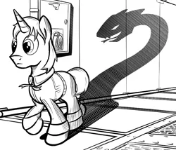 Size: 700x600 | Tagged: safe, artist:sirvalter, derpibooru import, oc, oc:scripted switch, unofficial characters only, pony, unicorn, fanfic, fanfic:steyblridge chronicle, black and white, clothes, fanfic art, grayscale, hooves, horn, illustration, male, monochrome, research institute, scientist, solo, stallion