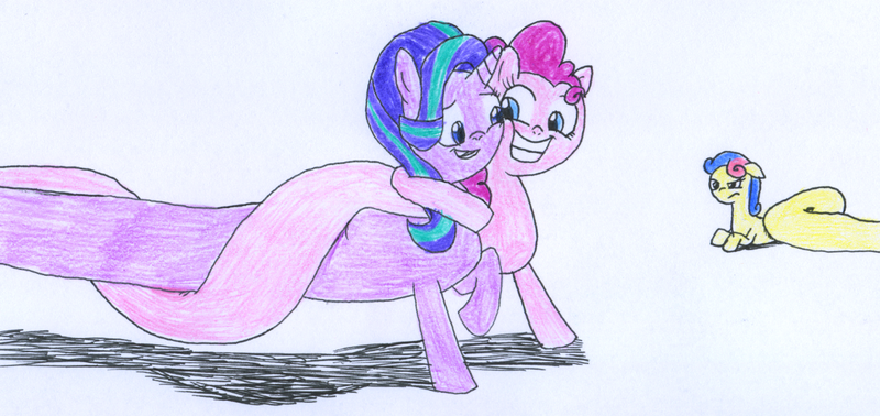 Size: 1244x588 | Tagged: safe, artist:rizdub, derpibooru import, bon bon, pinkie pie, starlight glimmer, sweetie drops, earth pony, pony, unicorn, long glimmer, long pony, longbon, meme, traditional art