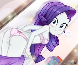 Size: 823x687 | Tagged: dead source, suggestive, artist:charliexe, derpibooru import, rarity, equestria girls, ass, bent over, blushing, bra, breasts, butt, clothes, embarrassed, embarrassed underwear exposure, fanfic in the description, female, frilly underwear, looking at you, looking back, looking back at you, looking over shoulder, panties, pink underwear, rearity, ribbon, sexy, solo, solo female, stupid sexy rarity, thong, underwear, undressing