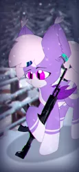 Size: 1080x2340 | Tagged: ak-12, artist:parabellumpony, bat, derpibooru import, fence, gun, oc, oc:midnight flight, safe, snow, snowfall, solo, unofficial characters only, wallpaper, weapon, winter