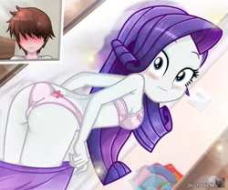 Size: 823x687 | Tagged: suggestive, artist:charliexe, derpibooru import, rarity, oc, oc:generic messy hair anime anon, human, equestria girls, bent over, blushing, bra, breasts, clothes, embarrassed, embarrassed underwear exposure, frilly underwear, hentai protagonist, looking at you, looking back, looking back at you, looking over shoulder, male, panties, pink underwear, ribbon, underwear, undressing