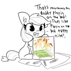 Size: 2250x2250 | Tagged: safe, artist:thehuskylord, artist:tjpones, derpibooru import, edit, applejack, bright mac, pear butter, earth pony, pony, comic:fillies, applebetes, bed, blank flank, crayon, crayon drawing, cute, dialogue, drawing, female, filly, freckles, heart, implied good clean married sex, implied sex, innocent, innocent innuendo, innuendo, jackabetes, mare, picture, sexually oblivious, simple background, solo, tooth gap, traditional art, weapons-grade cute, white background, younger