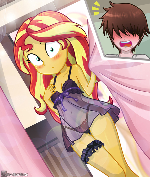 Size: 843x997 | Tagged: suggestive, artist:charliexe, derpibooru import, sunset shimmer, oc, oc:generic messy hair anime anon, human, equestria girls, babydoll, beautiful, beautisexy, belly button, blushing, breasts, caught, cleavage, clothes, curtains, female, garter, hentai protagonist, legs, lidded eyes, lingerie, looking at you, male, negligee, nightgown, panties, see-through, sexy, show accurate, solo, stupid sexy sunset shimmer, thighs, underwear