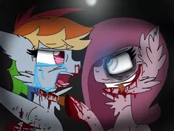 Size: 1024x768 | Tagged: grimdark, derpibooru import, pinkie pie, rainbow dash, pony, fanfic:cupcakes, abuse, blood, crying, dashabuse, female, knife, mare, pinkamena diane pie, tears of pain, tongue out