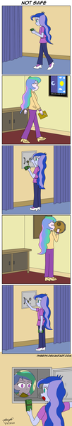 Size: 772x4542 | Tagged: safe, artist:pheeph, derpibooru import, princess celestia, princess luna, equestria girls, book, comic, curtain, money, old master q, parody, poster, principal celestia, surprised, vice principal luna, wall safe