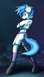 Size: 2300x4000 | Tagged: abstract background, anthro, artist:ohemo, boots, clothes, derpibooru import, female, high res, hoof boots, kneesocks, looking at you, looking back, midriff, profile, safe, shoes, shorts, short shirt, smiling, socks, solo, unguligrade anthro, vinyl scratch