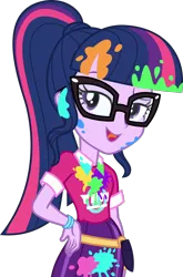 Size: 1000x1517 | Tagged: safe, artist:phucknuckl, derpibooru import, sci-twi, twilight sparkle, equestria girls, equestria girls series, sunset's backstage pass!, spoiler:eqg series (season 2), dirty, female, glasses, music festival outfit, paint, ponytail, simple background, solo, transparent background, vector