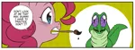 Size: 1811x681 | Tagged: safe, artist:nekoshiei, color edit, derpibooru import, edit, editor:anonycat, seven seas, gummy, pinkie pie, alligator, earth pony, my little pony: the manga, my little pony: the manga volume 2, spoiler:manga, spoiler:manga2, colored, cropped, female, male, mare, mouth hold, paintbrush