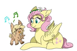 Size: 3000x2000 | Tagged: safe, artist:scarletskitty12, derpibooru import, fluttershy, oc, oc:wren, pegasus, pony, chest fluff, duo, female, filly, floppy ears, flower, flower in hair, fluffy, fluttermom, mare, mother and child, mother and daughter, music notes, offspring, parent:bulk biceps, parent:fluttershy, parents:flutterbulk, prone, simple background, singing, white background