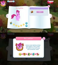 Size: 1280x1440 | Tagged: safe, derpibooru import, berry punch, berryshine, earth pony, pony, berrybetes, bio, cute, female, game screencap, gameloft, gem, mare, solo, stars, tree