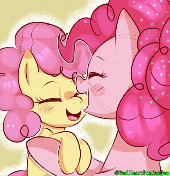 Size: 1600x1654 | Tagged: safe, artist:redheartponiesfan, derpibooru import, li'l cheese, pinkie pie, earth pony, pony, the last problem, blushing, cute, diapinkes, duo, eyes closed, female, foal, holding a pony, li'l cuteese, mare, mother and child, older, older pinkie pie