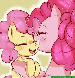 Size: 1600x1654 | Tagged: safe, artist:redheartponiesfan, derpibooru import, li'l cheese, pinkie pie, earth pony, pony, the last problem, blushing, cute, diapinkes, duo, eyes closed, female, foal, holding a pony, li'l cuteese, mare, mother and child, older, older pinkie pie