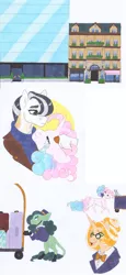 Size: 2550x5548 | Tagged: safe, artist:frozensoulpony, derpibooru import, oc, oc:hoodwink, oc:ivory alloys, oc:kiwi keylime, oc:strawberry essence, unofficial characters only, pony, unicorn, female, magical threesome spawn, mare, offspring, offspring's offspring, parent:cheese sandwich, parent:flam, parent:maud pie, parent:mud briar, parent:party favor, parent:pinkie pie, parents:maudbriar, parents:partycheesepie, traditional art