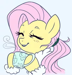 Size: 2276x2368 | Tagged: safe, artist:sorcerushorserus, color edit, colorist:xbi, derpibooru import, edit, editor:xbi, fluttershy, pegasus, pony, alternate hairstyle, blushing, bust, clothes, coat, colored, cup, cute, eyes closed, female, hoof hold, mare, ponytail, shyabetes, simple background, smiling, solo, teacup