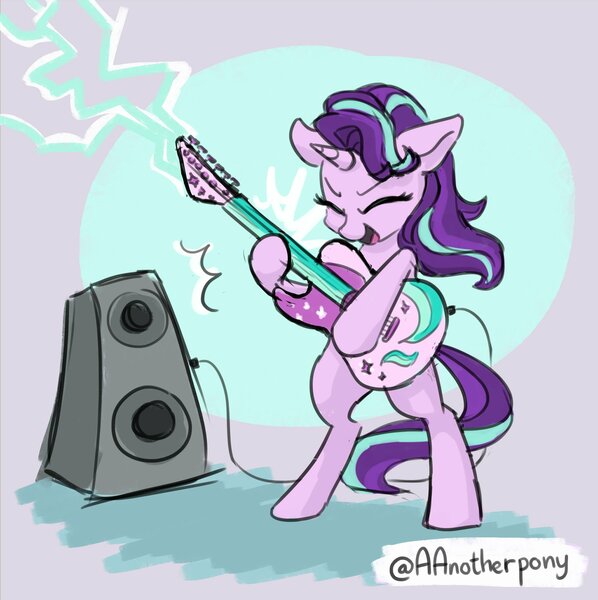 Size: 2041x2048 | Tagged: safe, artist:aanotherpony, derpibooru import, starlight glimmer, pony, unicorn, bipedal, cute, excited, guitar, hoof hold, musical instrument, playing instrument, solo, speakers