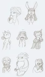 Size: 1316x2239 | Tagged: safe, artist:ravenpuff, deleted from derpibooru, derpibooru import, oc, oc:atjour service, oc:bluebell, oc:butters, oc:cookie cutter, oc:fisheyes, oc:floofy (ravenpuff), oc:flower basket, oc:sir reginald butterscop pendragon iv jr., oc:wing feathers, unofficial characters only, alicorn, draconequus, earth pony, hybrid, mule, original species, pegasus, pony, shark, shark pony, :p, alicorn oc, bags under eyes, bald, bedroom eyes, bendy straw, cape, chewing, clothes, draconequus oc, drinking straw, earth pony oc, eating, female, food, freckles, glasses, glowing horn, grayscale, horn, jewelry, juice, juice box, lineart, magic, male, mare, mask, monochrome, mouth hold, necklace, nom, parent:discord, parents:canon x oc, paws, pear, power ponies oc, scarf, sharp teeth, stallion, superhero, teeth, telekinesis, tongue out, traditional art, underpaw, wings