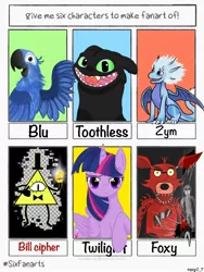 Size: 900x1200 | Tagged: safe, derpibooru import, twilight sparkle, twilight sparkle (alicorn), alicorn, pony, six fanarts, bill cipher, blu, blu parrot, crossover, dragon prince, female, five nights at freddy's, foxy, foxy the pirate fox, gravity falls, how to train your dragon, httyd, rio, toothless the dragon, zym