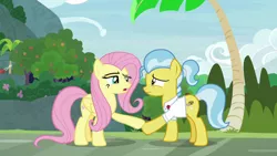 Size: 1920x1080 | Tagged: safe, derpibooru import, screencap, angel bunny, doctor fauna, fluttershy, earth pony, pegasus, pony, she talks to angel, asking, body swap, clothes, duo, female, folded wings, indifferent, looking at each other, male, mare, narrowed eyes, not fluttershy, ponytail, pushing, raised eyebrow, shirt, tail wrap, wings, worried