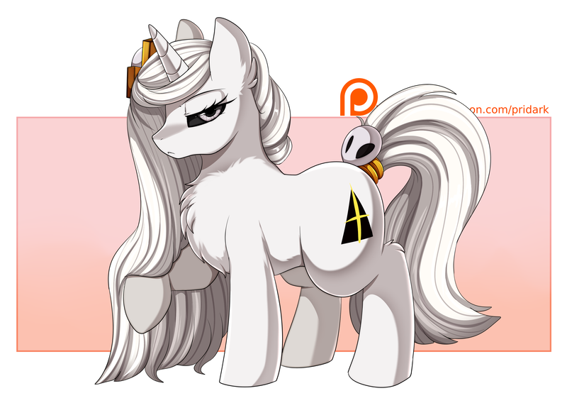 Size: 3524x2500 | Tagged: safe, artist:pridark, derpibooru import, oc, oc:whitefire, unofficial characters only, pony, unicorn, black sclera, chest fluff, female, jewelry, long mane, mare, patreon, patreon logo, patreon reward, ring, solo, tail, tail ring, unamused