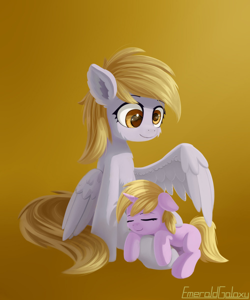 Size: 1000x1200 | Tagged: safe, artist:emeraldgalaxy, derpibooru import, derpy hooves, dinky hooves, pegasus, pony, unicorn, cute, derpabetes, duo, equestria's best mother, female, filly, headcanon, mare, sleeping, weapons-grade cute