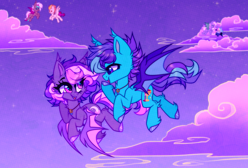 Size: 4015x2730 | Tagged: safe, artist:_spacemonkeyz_, derpibooru import, oc, oc:midnight mist, oc:sugar spirits, unofficial characters only, bat pony, pony, bat pony oc, bat wings, cloud, duo focus, female, flying, mare, wings