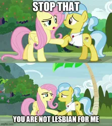 Size: 500x562 | Tagged: safe, derpibooru import, edit, edited screencap, screencap, doctor fauna, fluttershy, earth pony, pegasus, she talks to angel, caption, comic, dialogue, fluttershy gets all the mares, image macro, meme, screencap comic, shipping denied, text