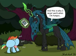 Size: 1406x1040 | Tagged: safe, artist:strebiskunk, derpibooru import, mean rainbow dash, queen chrysalis, rainbow dash, changeling, changeling queen, the mean 6, butt, buttface, clone, female, rainbutt dash, spell gone wrong, tongue out, what has magic done