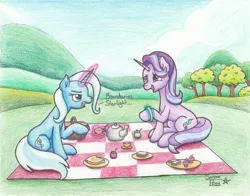 Size: 2467x1937 | Tagged: safe, artist:serenepony, deleted from derpibooru, derpibooru import, starlight glimmer, trixie, pony, unicorn, student counsel, basket, bracelet, cup, dialogue, female, food, jewelry, kettle, looking at each other, magic, mare, picnic, picnic basket, picnic blanket, teacup, teapot, traditional art, tree