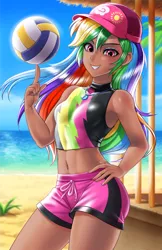 Size: 800x1237 | Tagged: safe, artist:racoonsan, color edit, derpibooru import, edit, editor:drakeyc, kotobukiya, rainbow dash, equestria girls, equestria girls series, forgotten friendship, adorasexy, anime, armpits, beach, belly button, bikini, board shorts, breasts, clothes, colored, cute, dark skin, dashabetes, delicious flat chest, equestria girls outfit, female, fit, hat, human coloration, kotobukiya rainbow dash, looking at you, midriff, rainbow flat, sexy, shorts, skin color edit, solo, sports, swimsuit, tan, tankini, thighs, volleyball