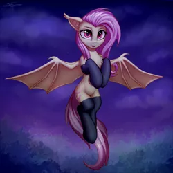 Size: 3000x3000 | Tagged: safe, alternate version, artist:setharu, derpibooru import, fluttershy, bat pony, pony, semi-anthro, adorkable, bat ponified, bat wings, chest fluff, clothes, cute, dork, female, flutterbat, flying, high res, looking at you, mare, race swap, shyabates, shyabetes, socks, solo, spread wings, thigh highs, wings