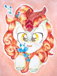 Size: 2932x3909 | Tagged: artist:papersurgery, autumn blaze, bust, cloven hooves, derpibooru import, female, flower, foal's breath, full face view, kirin, kirin day, open mouth, portrait, safe, smiling, solo, traditional art, watercolor painting