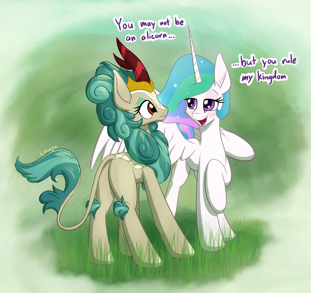 Size: 2500x2350 | Tagged: safe, artist:litrojia, derpibooru import, princess celestia, rain shine, alicorn, kirin, pony, blushing, butt, confused, crack shipping, dialogue, female, flirting, head tilt, high res, kirin day, lesbian, looking at each other, mare, pickup lines, plot, rainlestia, raised hoof, raised leg, shipping, smiling, spread wings, wings