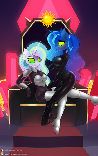 Size: 1200x1900 | Tagged: questionable, alternate version, artist:xorza, derpibooru import, princess celestia, princess luna, anthro, pony, armor, boots, breasts, busty princess celestia, busty princess luna, clothes, corrupted, crotch bulge, drool, drool string, duo, duo futa, female, futa, futa princess celestia, futa princess luna, high heel boots, high heels, implied hornjob, implied incest, implied lesbian, implied princest, implied shipping, intersex, latex, latex suit, mind control, royal sisters, shoes, siblings, sisters, throne, unconvincing armor