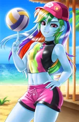 Size: 800x1237 | Tagged: safe, artist:racoonsan, color edit, derpibooru import, edit, editor:drakeyc, rainbow dash, equestria girls, equestria girls series, forgotten friendship, 2010s, 2018, adorasexy, anime, armpits, beach, beautiful, belly button, bikini, blue skin, board shorts, breasts, clothes, colored, cute, dashabetes, delicious flat chest, equestria girls outfit, female, fit, hand on hip, hat, legs, looking at you, midriff, rainbow flat, sexy, shorts, skin color edit, solo, sports, swimsuit, tankini, thighs, tomboy, volleyball