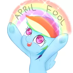 Size: 2200x2200 | Tagged: safe, derpibooru import, rainbow dash, pony, april fools, april fools 2020, rainbow, simple background, solo, white background