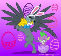 Size: 1280x1183 | Tagged: safe, artist:efernothedragon, artist:nightdragon09, artist:shadowdragonking9, derpibooru import, gabby, spike, dragon, gryphon, bow, bowtie, cute, easter, easter bunny, easter egg, female, gabbybetes, holiday, male, shipping, spabby, straight