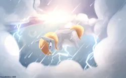 Size: 2880x1800 | Tagged: safe, artist:perezadotarts, derpibooru import, derpy hooves, pegasus, pony, cloud, crying, cutie mark, digital art, lens flare, lightning, rain, solo, sunlight, teary eyes, text, water