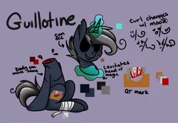 Size: 1024x713 | Tagged: semi-grimdark, artist:flashfire68, derpibooru import, oc, oc:guillotine, ghost, pony, undead, unicorn, bandage, blood, dead, disembodied head, guillotine, levitation, magic, male, solo, stallion, telekinesis