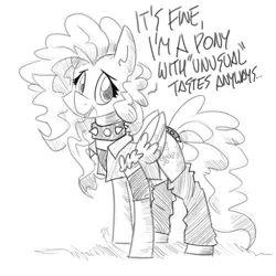 Size: 1200x1200 | Tagged: safe, artist:flutterthrash, derpibooru import, fluttershy, pegasus, pony, alternate hairstyle, choker, chokershy, clothes, cute, dialogue, female, jacket, leg warmers, metal, metalshy, monochrome, shyabetes, solo, spiked choker