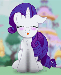Size: 600x736 | Tagged: safe, artist:bastbrushie, derpibooru import, part of a set, rarity, pony, :3, animated, bastbrushie is trying to kill us, blushing, carousel boutique, cute, daaaaaaaaaaaw, eyes closed, fluffy, full face view, gif, happy, hnnng, horn, house, rarara, silly, silly pony, sitting, solo, tail, text, tongue out, tree