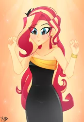 Size: 2261x3264 | Tagged: safe, artist:xan-gelx, derpibooru import, sunset shimmer, equestria girls, alternate hairstyle, bare shoulders, black dress, blushing, bracelet, clothes, cute, dress, ear piercing, eye clipping through hair, eyebrows visible through hair, eyelashes, female, gradient background, high res, jewelry, lips, lipstick, little black dress, piercing, shimmerbetes, signature, sleeveless, solo, strapless